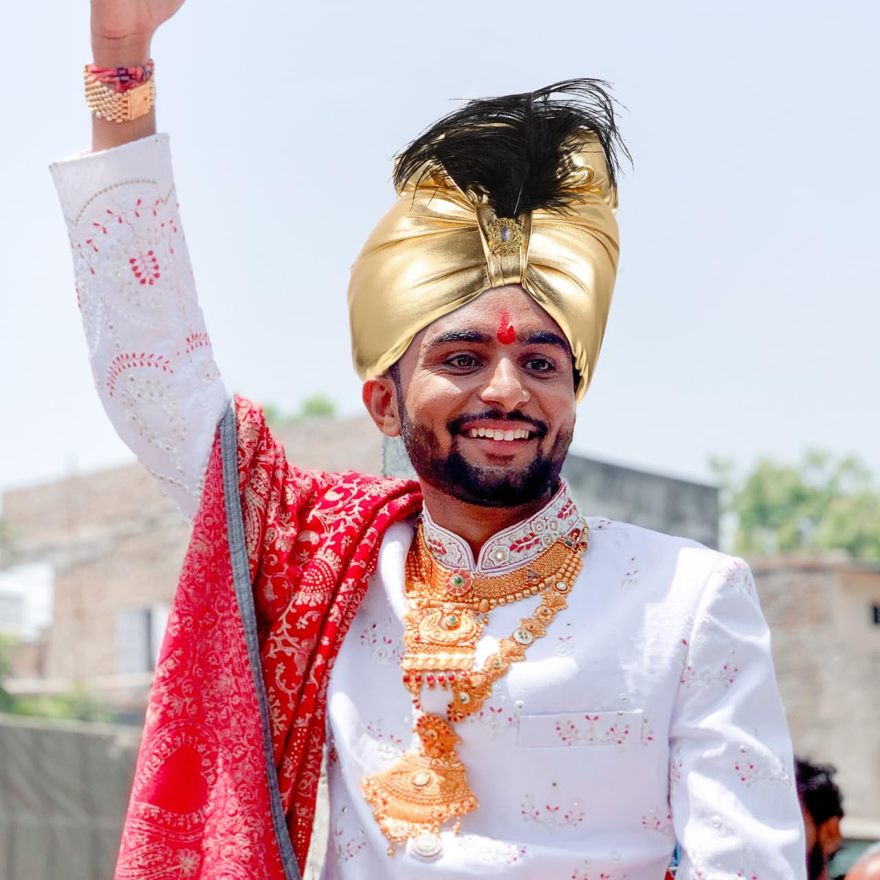 Arab India Hat Golden Turban Hat Prince Headdress Costume Arabian Cap Plume Decor Arabic Headwrap for Men Women Cosplay Fancy Dress - Image 3