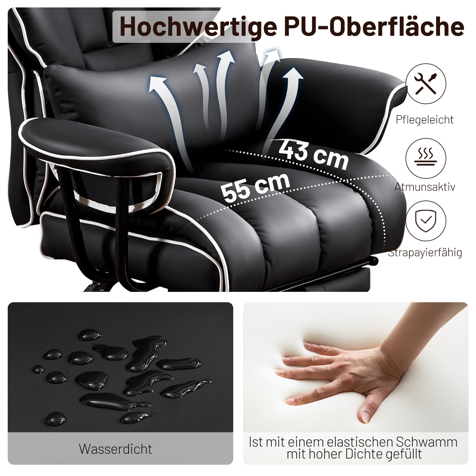 Sedia da gaming ergonomica, in pelle PU, 200 kg, con poggiapiedi e supporto lombare, sedia regolabile con schienale alto, sedia girevole (nero-1)