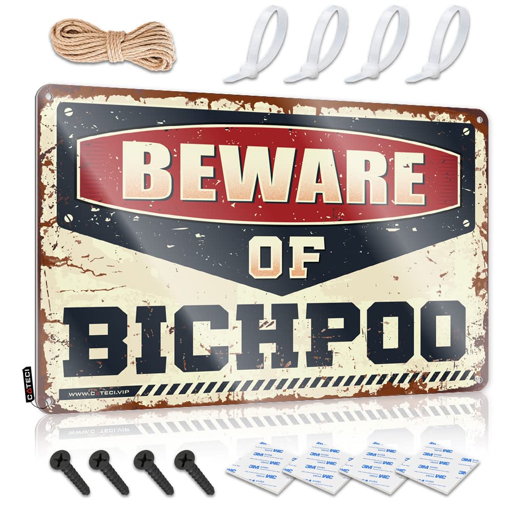 STWNVOITV Cave Man Bar Beware Of Bichpoo Tin Sign Funny Man Cave Signs Metal Man Cave Sign(30X40CM)