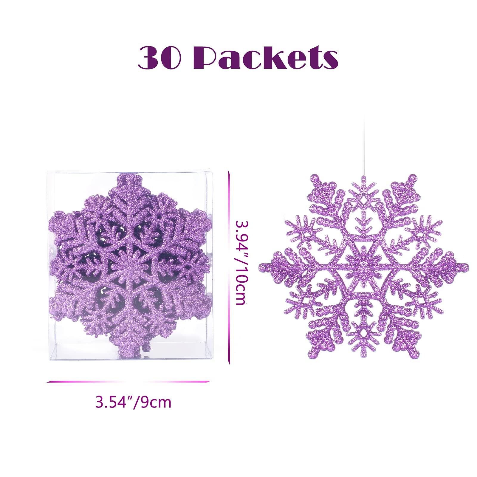 AMS 30ct 4''/100mm Plastic Glittered Snowflake Ornaments Sparkling Christmas Tree Decorations for Wedding,Thanksgiving,Party(Purple)