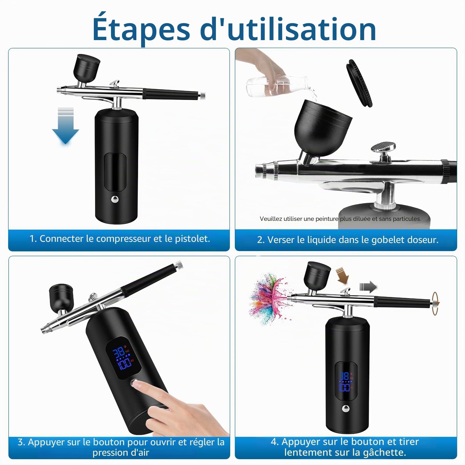 Daakro Kit aérographe sans fil avec compresseur 38 PSI pour décoration de gâteau, nail art, tatouages et peinture du visage