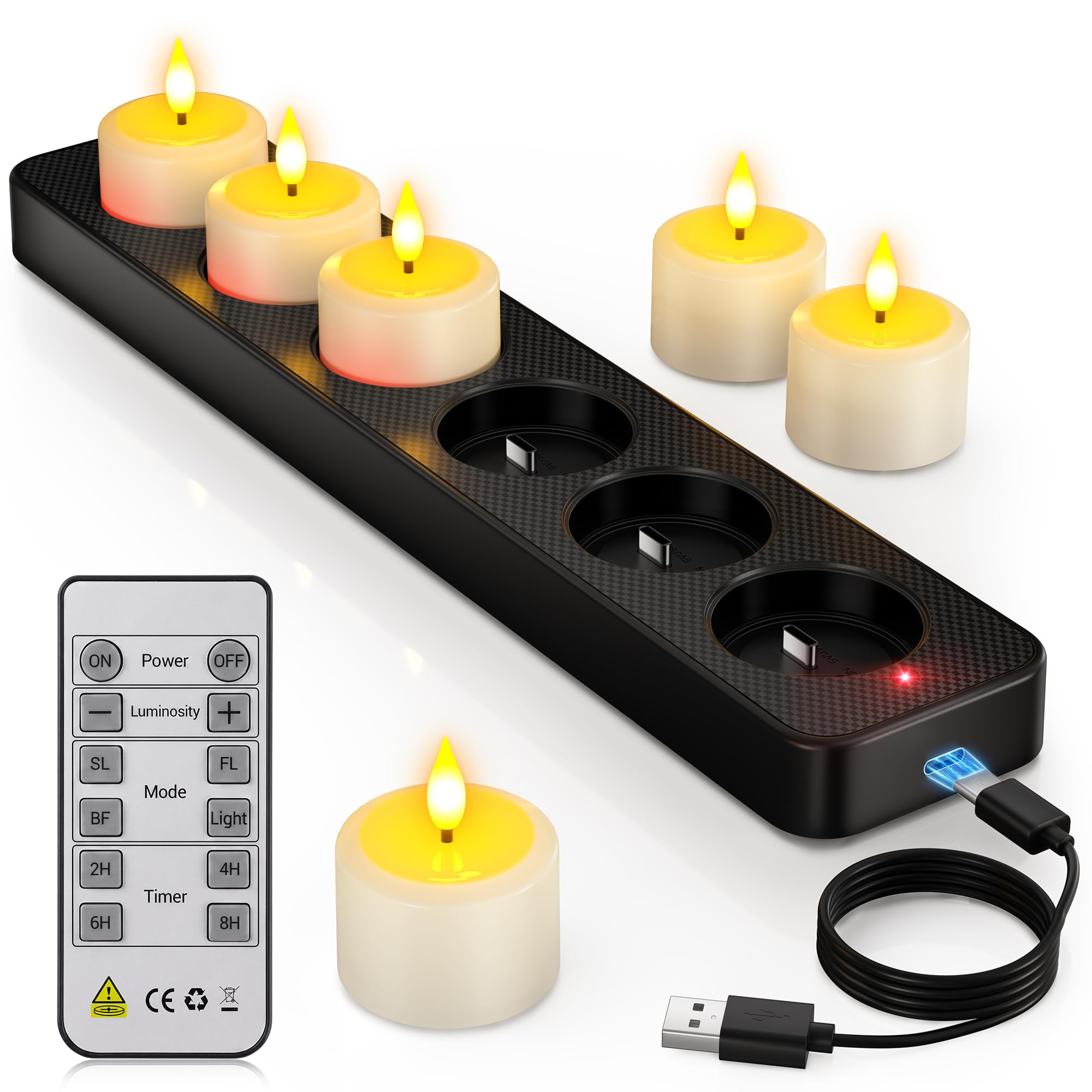 Yme 6 Pack Rechargeable Tea Lights with Charging Station and Remote Control