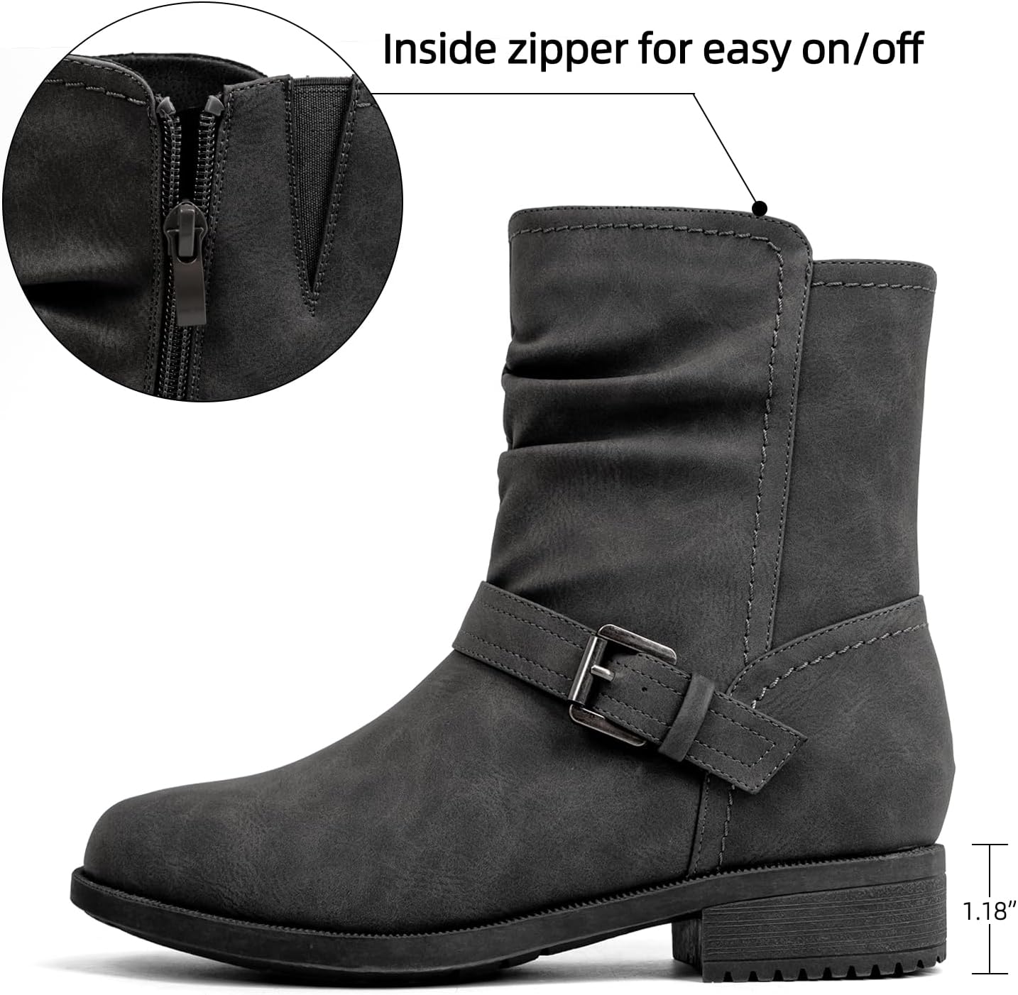VJH confort Women's Mid Calf Boots, Comfort Buckle Slouchy Booties with Side Zipper