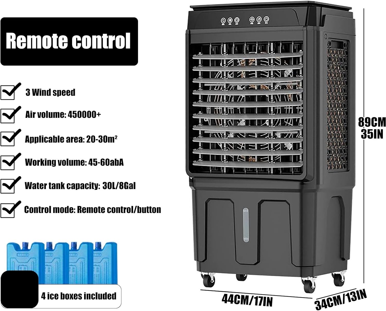 Portable Air Cooler for Indoor, Home, 20-40L Evaporative Humidifier, LED Display, Portable Cooling Fan, 3 Speeds, 4 Ice Packs Included for Cool Air Flow(89 x 34 x 44 cm)