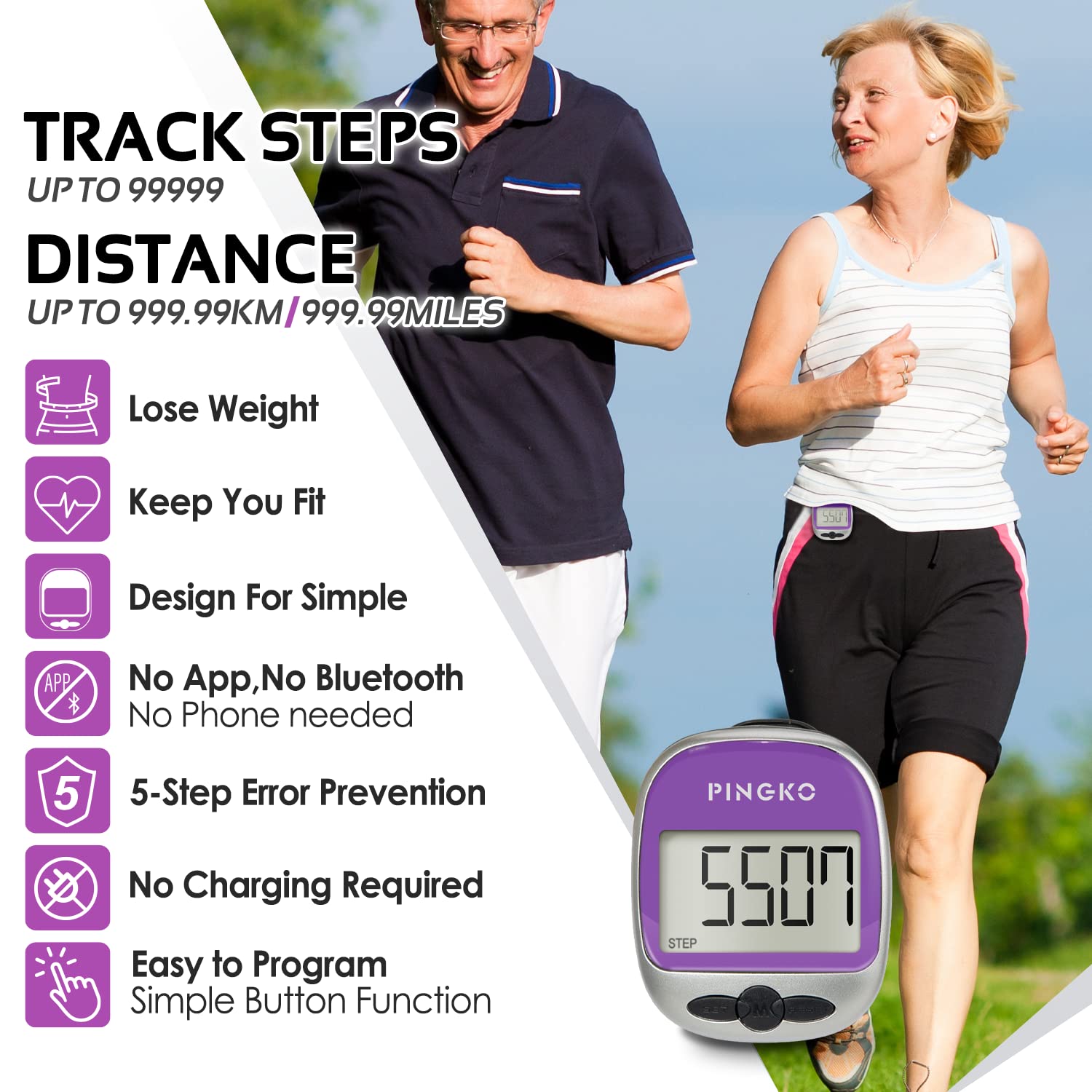 PINGKO Pedometro Contapassi Conta Passi Accuratamente Contapassi Sportivo Portatile Passi/distanza/calorie/Contapassi per Fitness, Contatore di Calorie