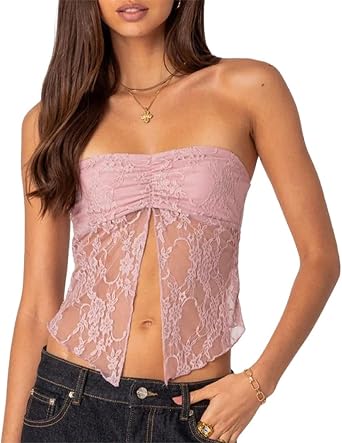 Women Y2k Lace Strapless Tube Top See Through Mesh Crop Top Aesthetic Backless Bandeau Top Going Out Streetwear