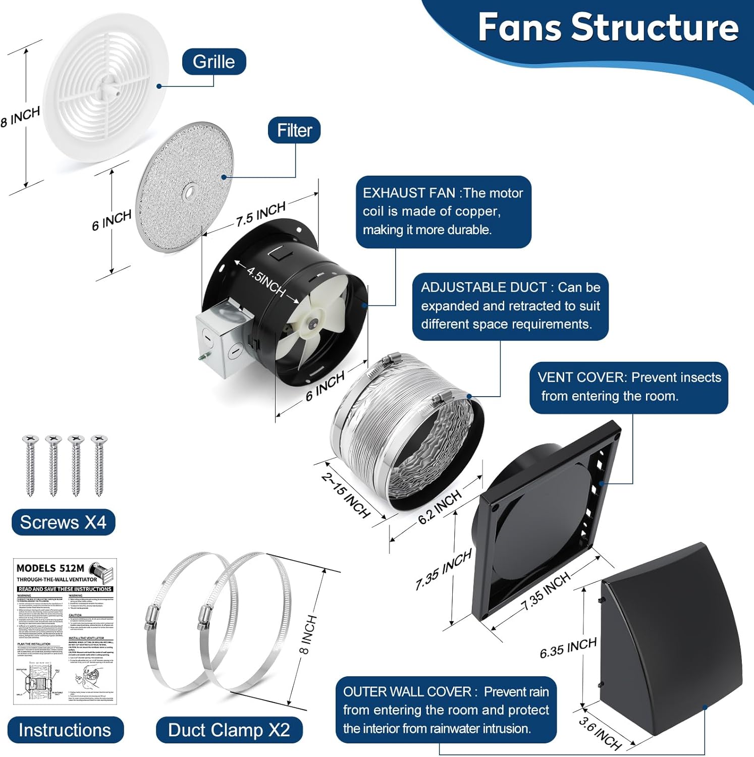 512M 6-Inch Through Wall Exhaust Fan, 80 CFM High Airflow & Quiet 4.0 Sones Operation – Bathroom Exhaust Fan & Wall Vent Fan | Retractable Duct for Efficient Venting with Aluminum Grease Filter