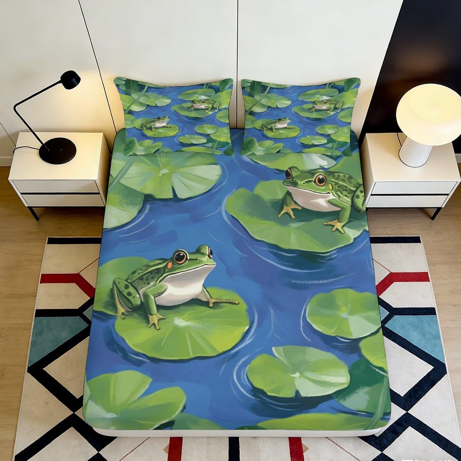 3D Printed Frog Pond Fitted Sheet Microfiber Anti-Slip Water Lily Mattress Cover for Bedroom Dorm Decor 90x200x25cm