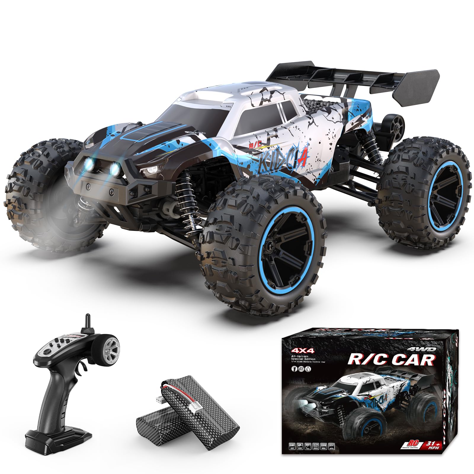 1:14 All Terrain RC Cars, 50 KPH High Speed 4WD RC Truck with 60 Mins Runtime, Fast Remote Control Car with 2S 2000 mAh Rechargeable Batteries, Off Road RC Cars for Adults and Teen Boy Gifts