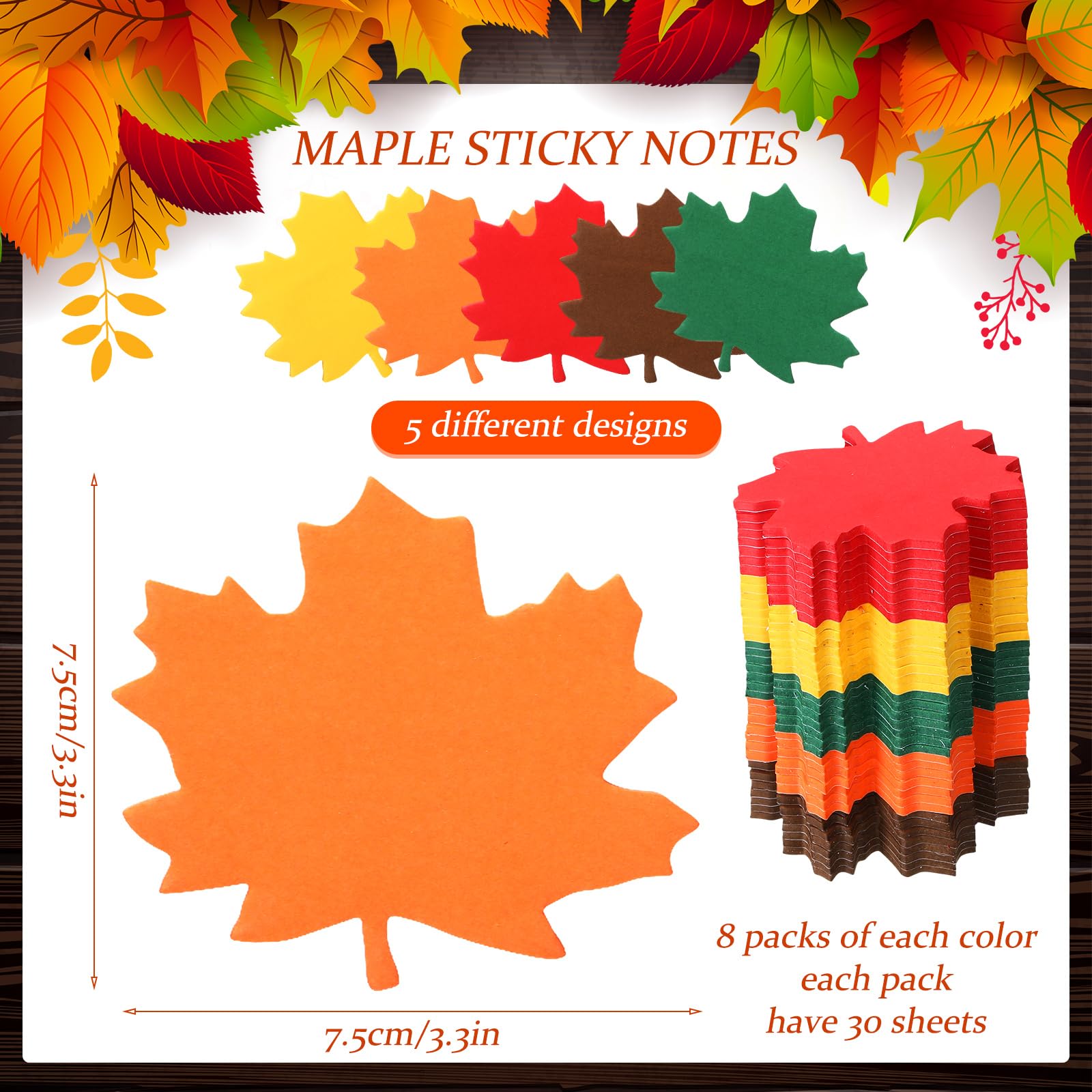 Geelin 1200 foglietti adesivi a forma di foglia d'acero, per il Ringraziamento, colorati, a forma di foglia d'acero, blocco note autoadesivo, blocco note per studenti e bambini (foglia d'acero)