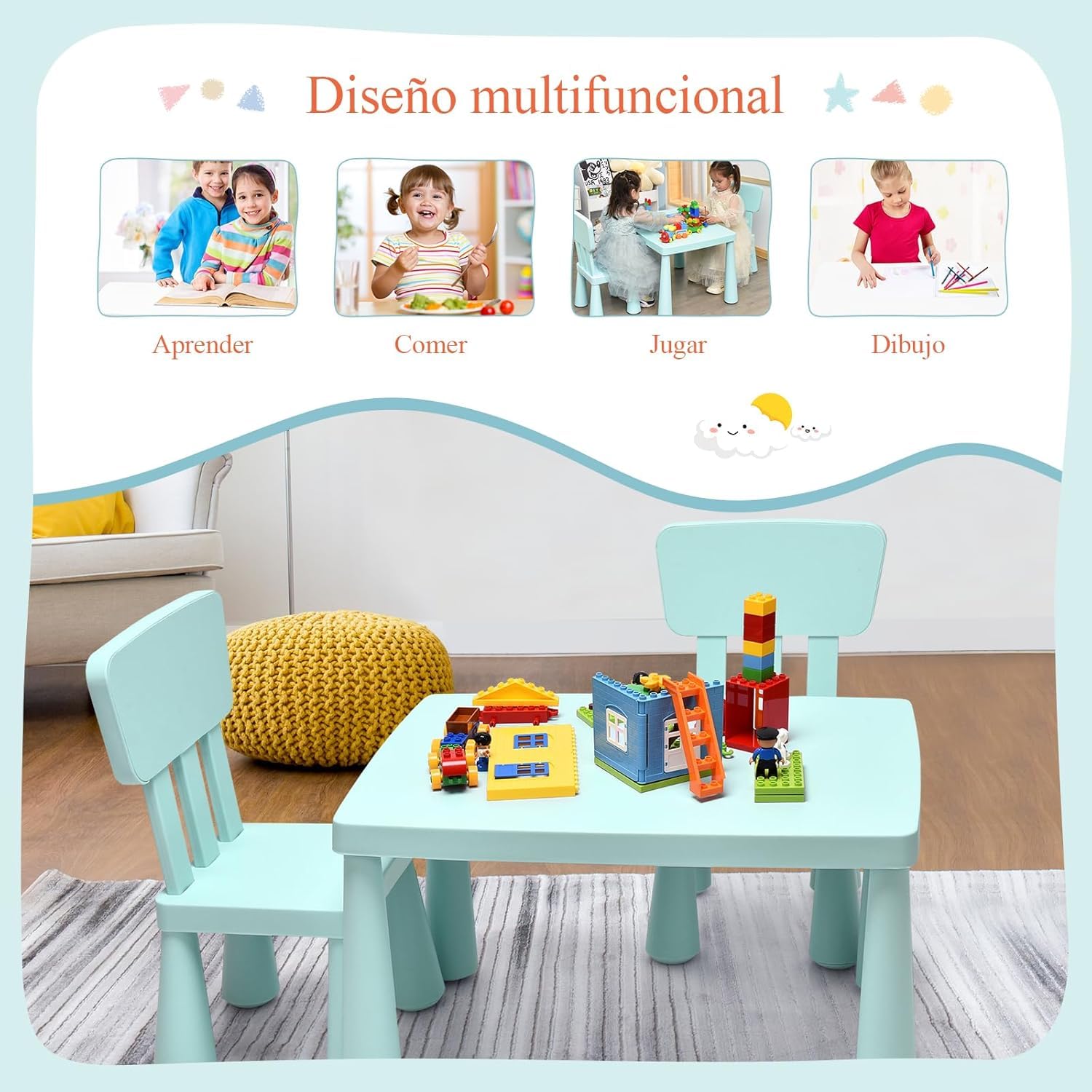 GOPLUS Juego de Mesa y Sillas para Niños de 1-7 Años, Conjunto de Mesa y Silla Infantil, Mueble para Bebé Pupitres de Juego Actividad Estudio, Estilo Sencillo, Carga 50 KG (Verde)