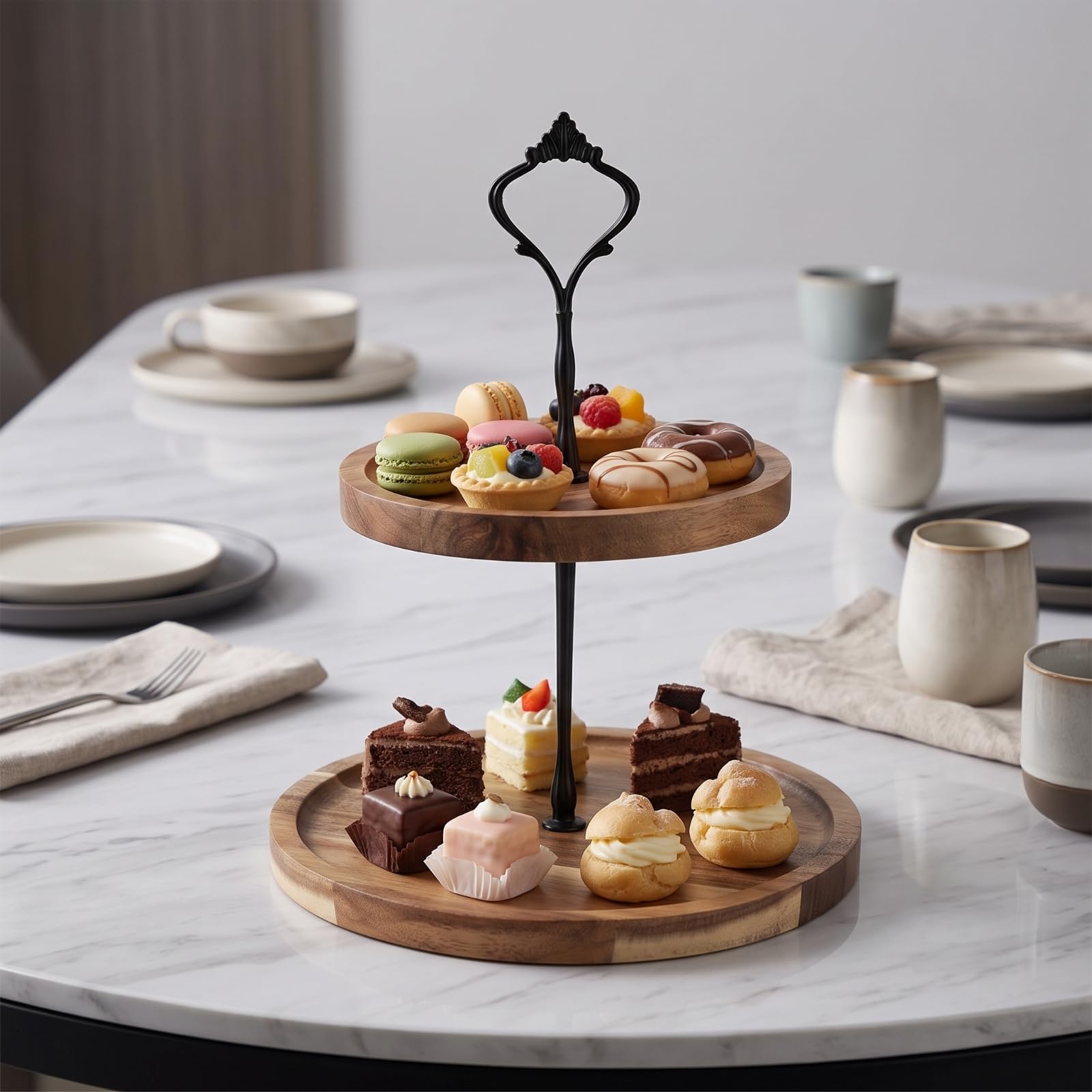 Alzata a 2 Piani Rustico Alzata in Legno con Manico Semplice Espositore da Tavolo per nti Del Tè, Tavola, Pasticceria, Caffetteria , Nero , Grande+Media