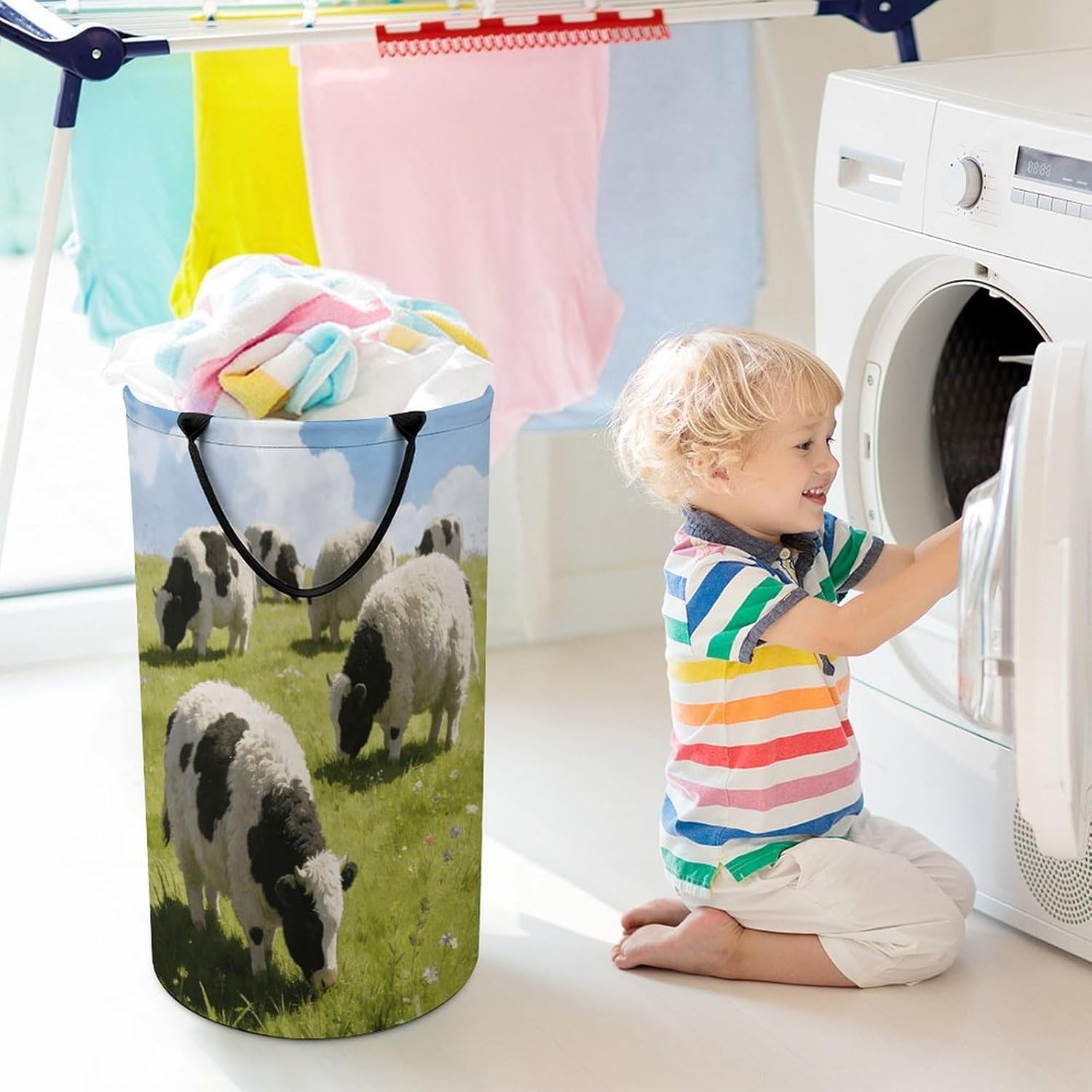 Cute Cows Watercolor Laundry Hamper 86L Waterproof Collapsible Clothes Basket with Double Handles Freestanding Foldable Laundry Basket Large Clothes Hamper for Bathroom