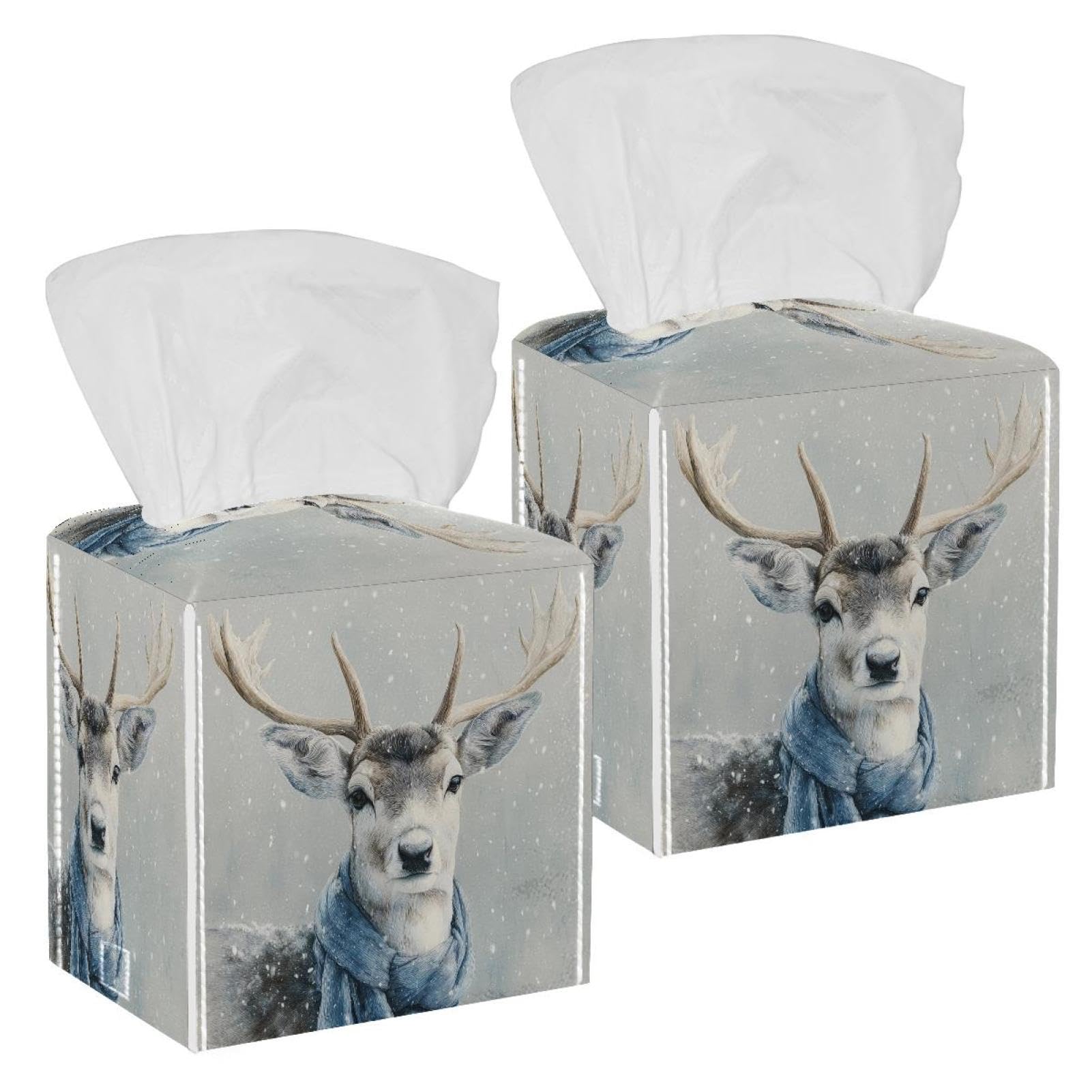 Deer Tissue Box Cover, 2 Pack PU Leather Square Facial Tissue Dispenser Box holder for Home Office Car