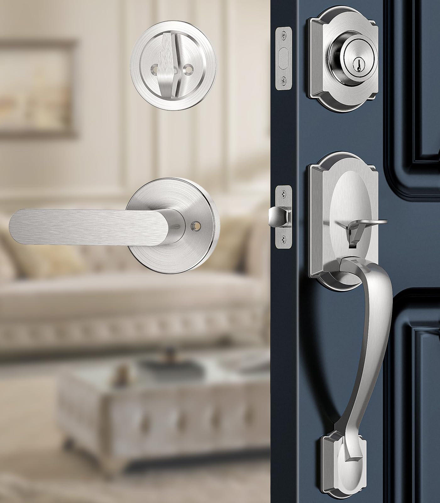 Front Door Lock Set, Brushed Nickel Front Door Handle and Deadbolt Set, Vintage Exterior Door Lock Set, Front Door Handle with Single Cylinder, Reversible for Right &amp; Left, Satin Nickel