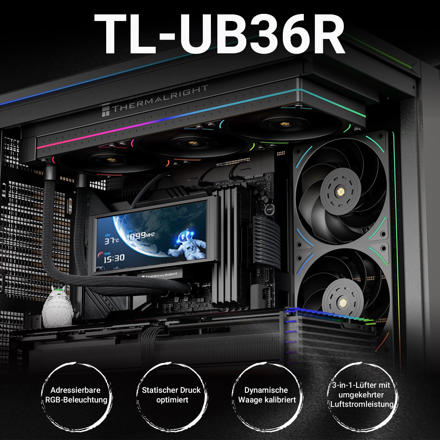 Thermalright TL-UB36R 120mm Gehäuselüfter 3er Pack-PWM, Leise (≤27 dB(A), mit umgekehrter Schaufel/5V ARGB-Beleuchtung, für CPU-Wasserkühlung und Gehäusekühlung-Schwarz