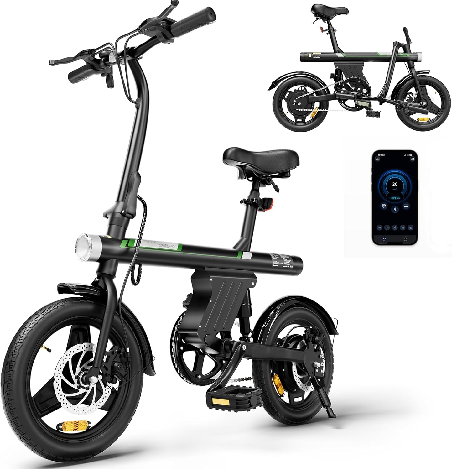 Mini Foldable Electric Bike for Adults, 500W Peak Folding Ebike, 15 Miles 36V 7.8Ah Battery, 14" Small Adult Electric Bicycle for Commuting with APP