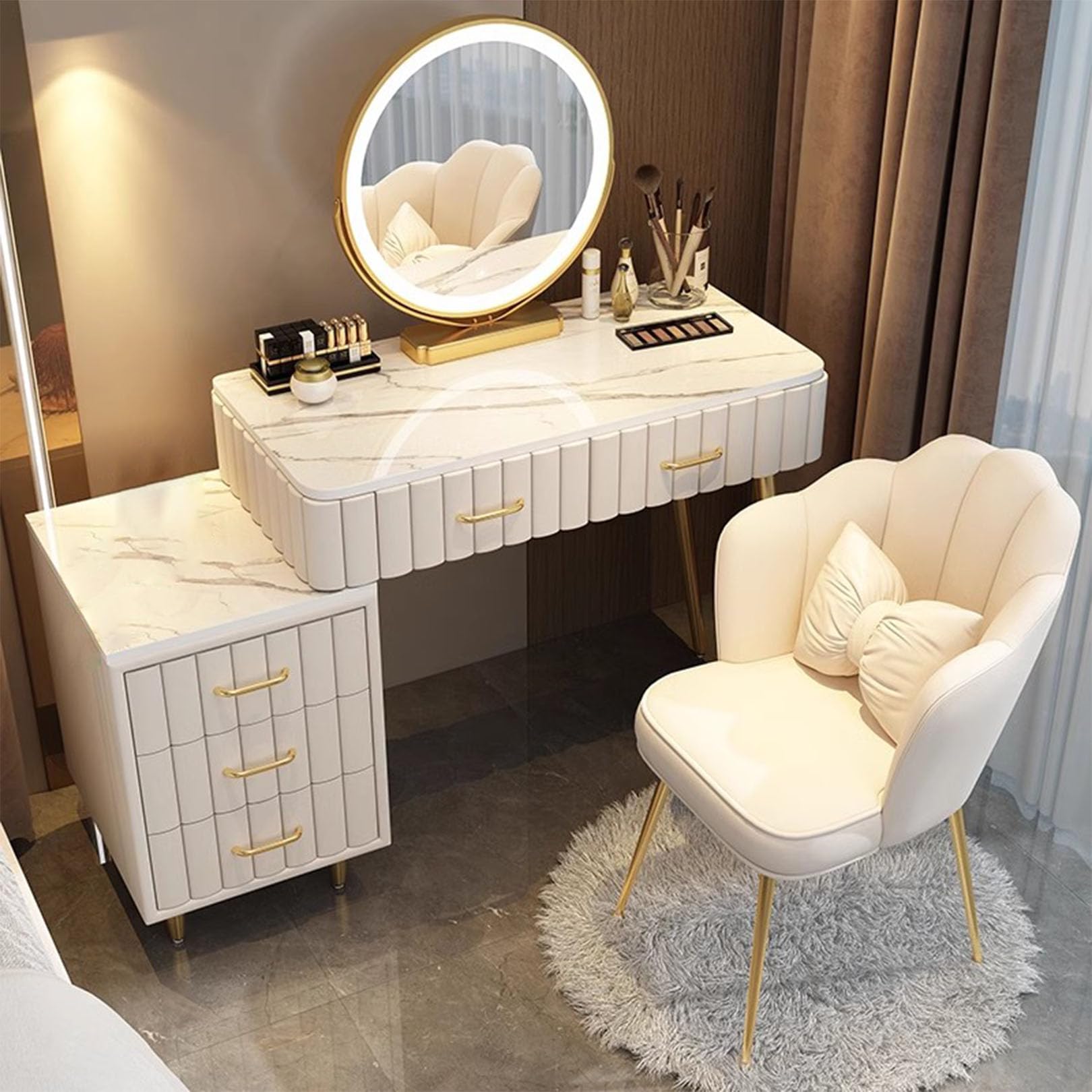 asdchZen Adjustable 3-Color Lighting Makeup Vanity Desk With Round Mirror & 31.5In Dressing Table For Women-Stylish Bedroom Makeup Table With Sleek Design