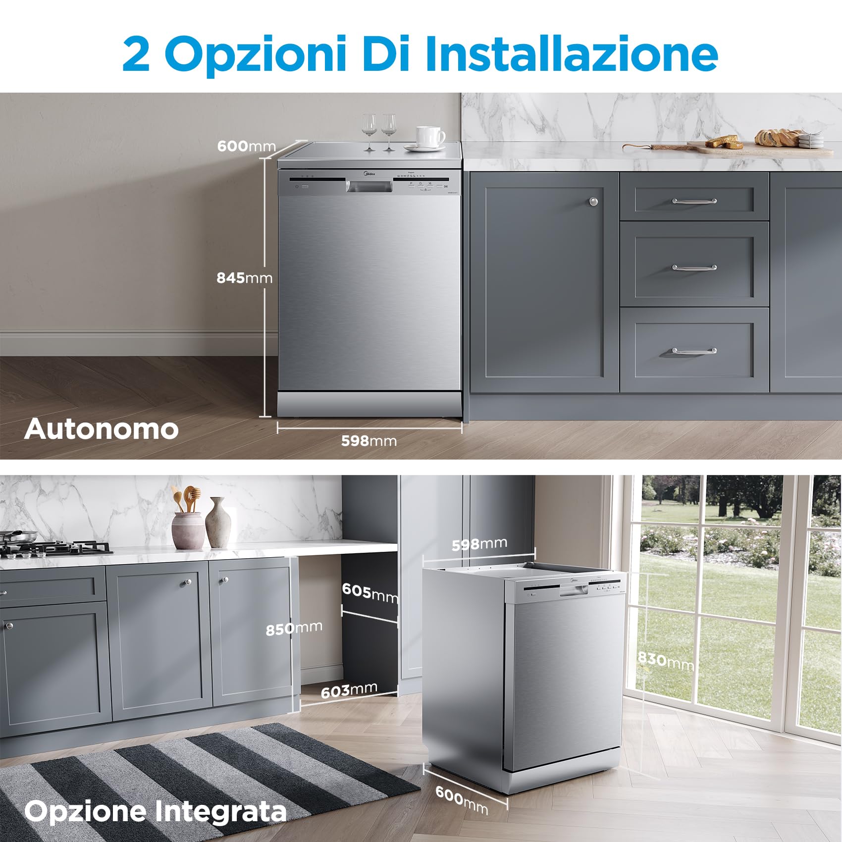 Midea MFD60S121X-IT Lavastoviglie Libera Installazione con 12 coperti, 6 Programmi, Partenza Ritardata, Funzione di Mezzo Carico, 60 cm - Inox