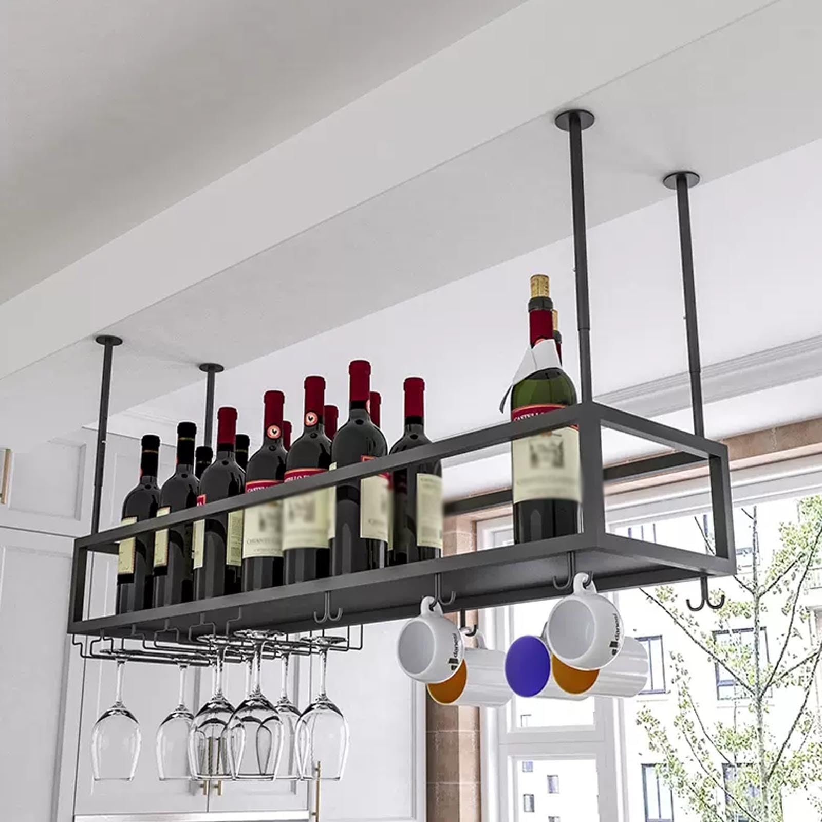 Botellero de Metal Moderno para Vino: Estante de Almacenamiento para Colgar en el Techo, para Bar en casa, Soporte Flotante para Copas de Vino, Estilo cafetería (Negro, 100 cm)