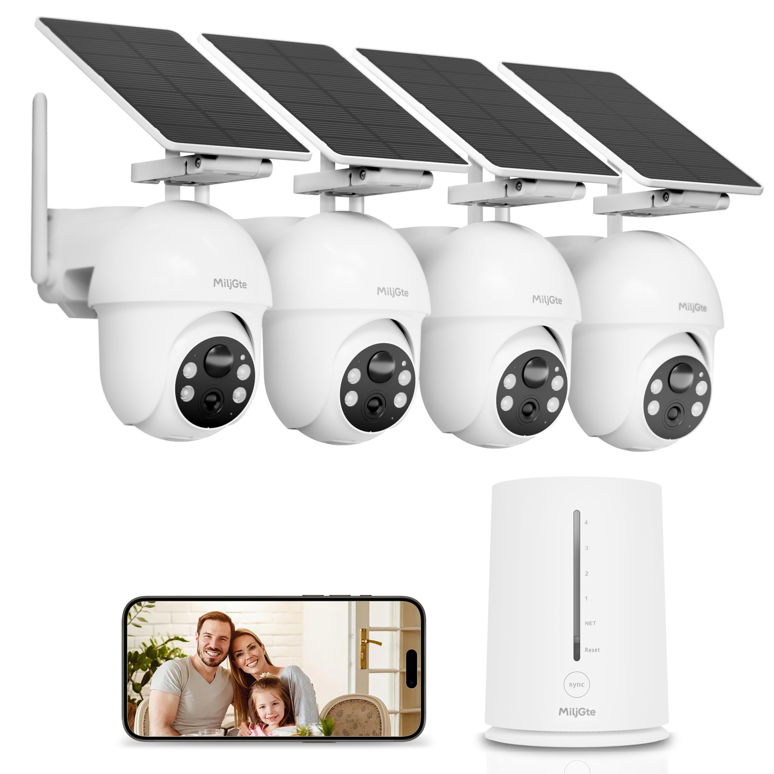 Solar Security Cameras Wireless Outdoor 4 Cam-Kit Camera Surveillance Exterieur 360° Auto Tracking 5G & 2.4G Wi-Fi Home Security Cameras System with 64GB Card No Monthly Fee 2K Color Night Vision