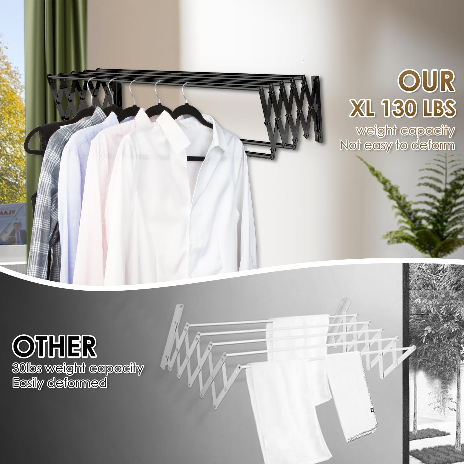XL-31.5 pulgadas - Estante de secado de ropa montado en la pared, 130 libras, gran capacidad, a prueba de óxido, plegable, fácil de instalar con 7 varillas de secado, toallero de ahorro de espacio 5