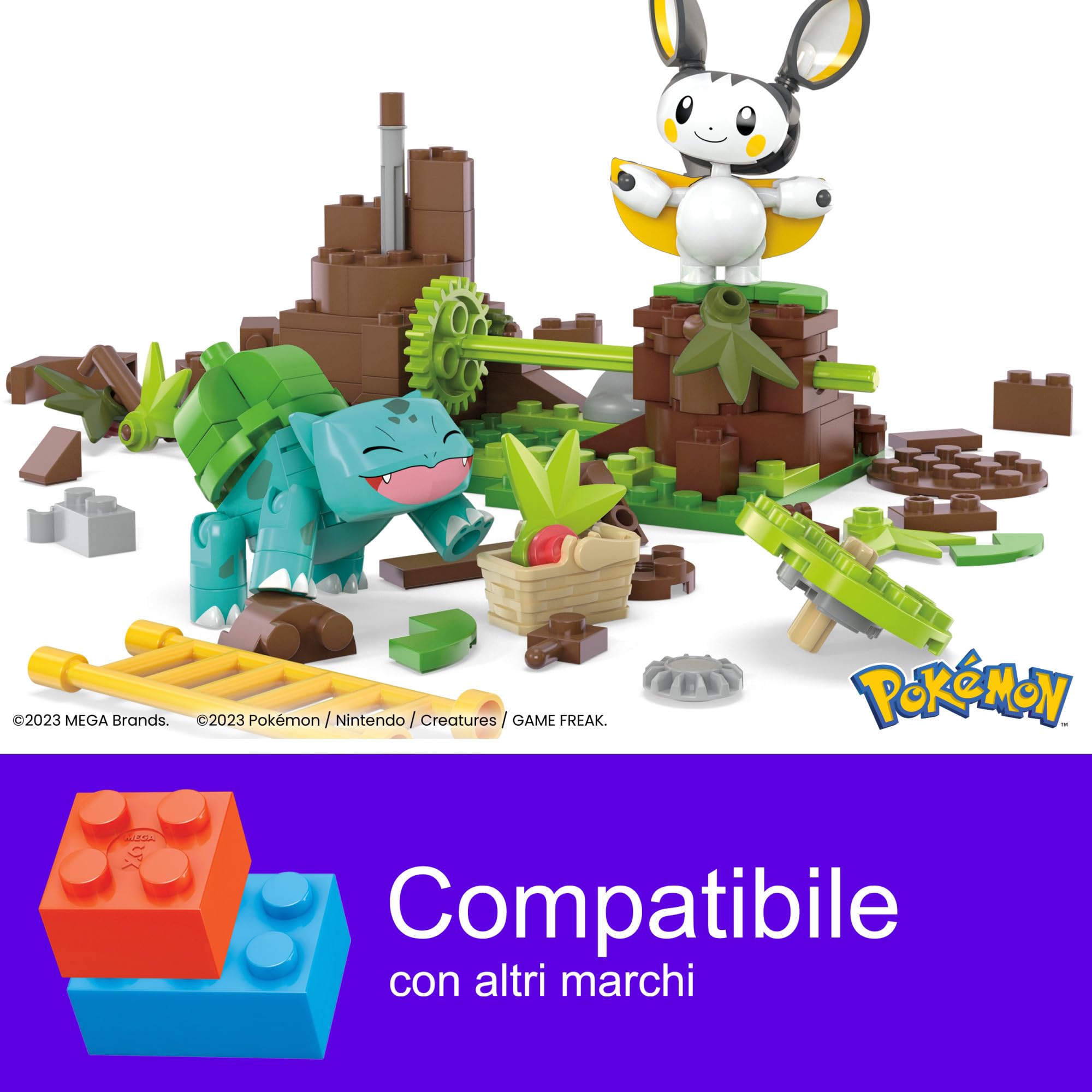 MEGA Pokémon - Il Bosco Incantato di Emolga e Bulbasaur, set da costruire con 194 pezzi e 2 personaggi, sistema Mattoncino Movimento per farli muovere, giocattolo per bambini, 7+ anni, HTH69