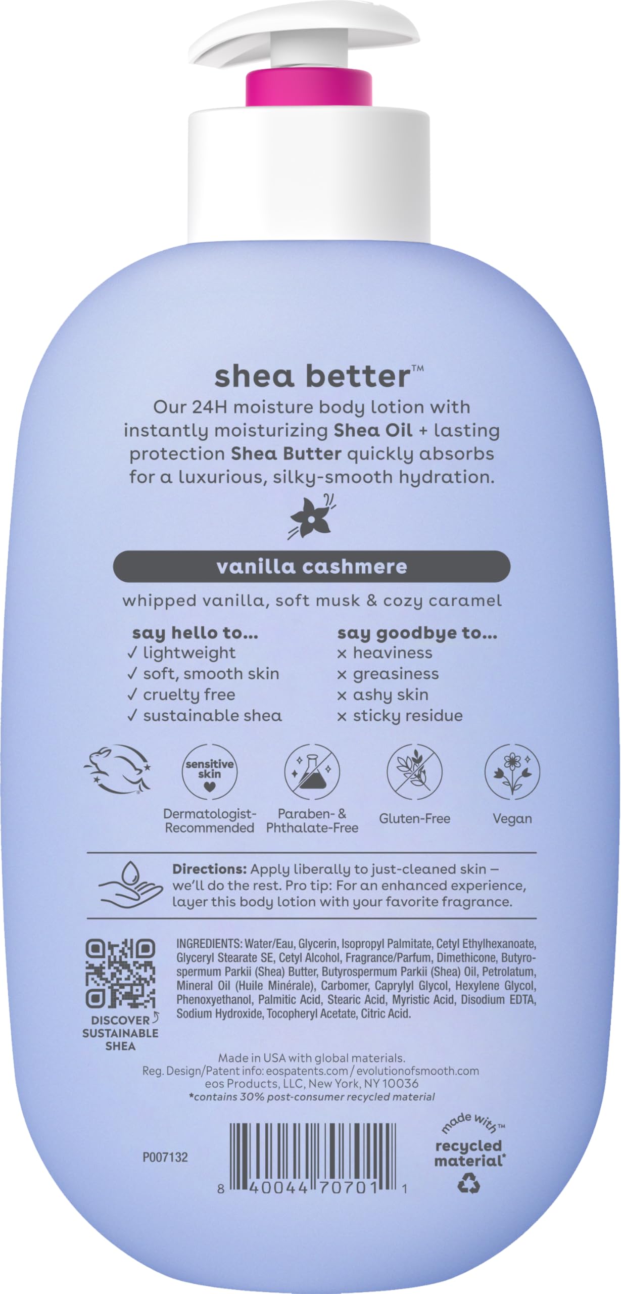 eos Shea Better Body Lotion Pomegranate Raspberry, 24-Hour Moisture Skin Care, Lightweight & Non-Greasy, Natural Shea, Vegan, 16 fl oz: Vanilla Cashmere 16 Fl Oz (Pack of 1)