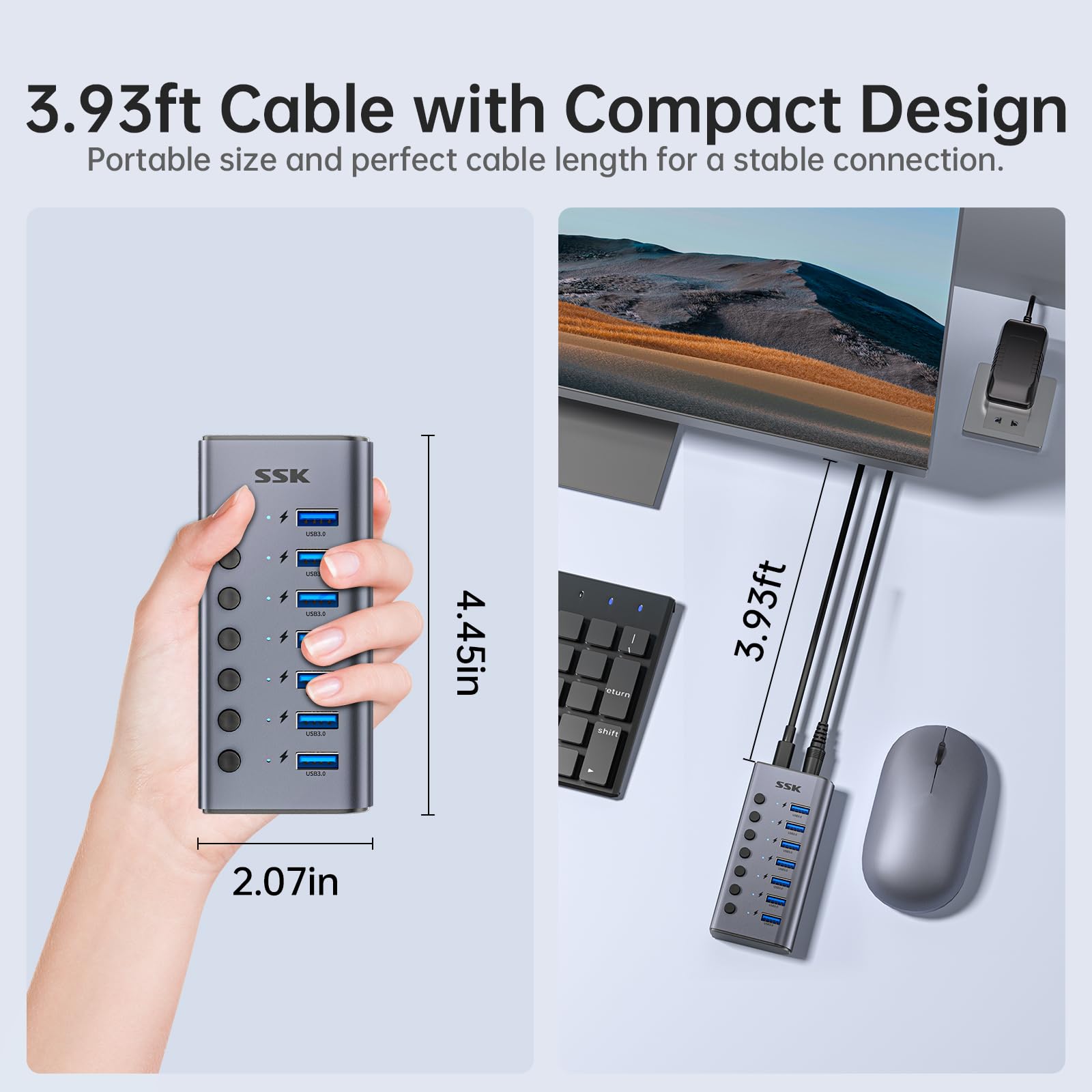 SSK 7-Port Powered USB 3.0 Hub, Aluminio Divisor de Extensión USB con interruptores de alimentación Individuales y Leds, 5Gbps de Datos USB Hub de Carga con DC12V3A Adaptador y 3.93ft Cable Largo