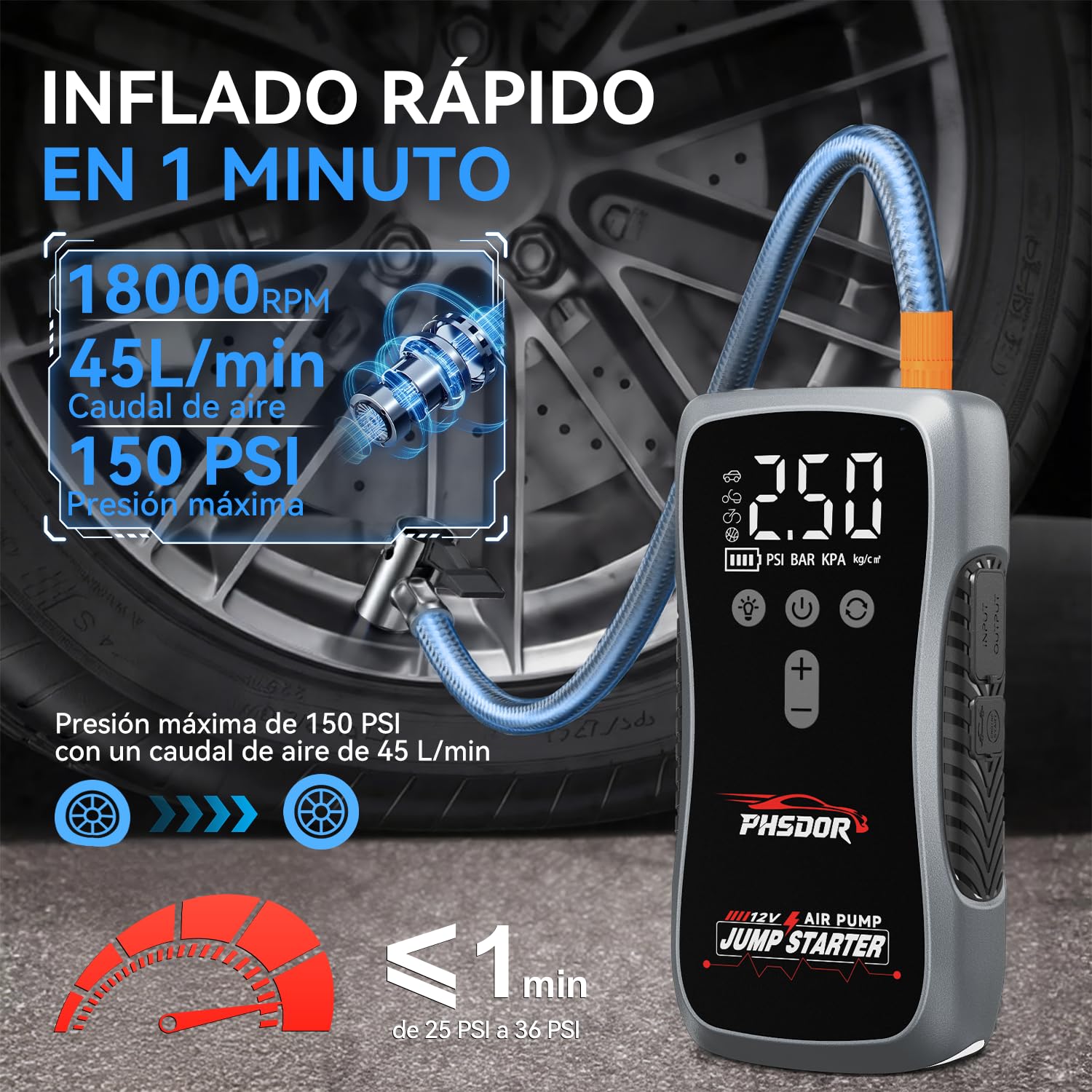 8000A Arrancador de Coches con Compresor de Air, 25000mah 150PSI Arrancador de Baterias de Coche (hasta Todo Gas o Diésel de 10,0L), 12V Arrancador de Coches Portatil, Jump Starter con luz LED