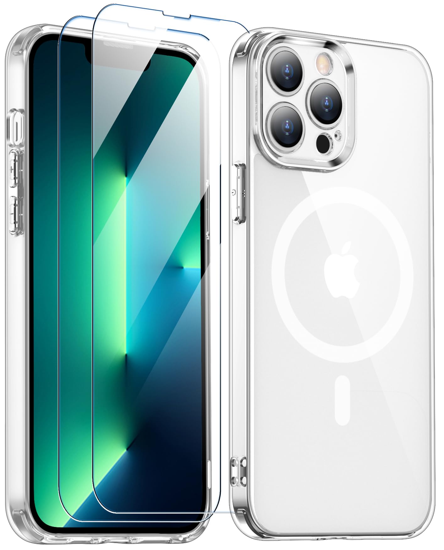 SPIDERCASE Designed for iPhone 13 Pro Max Case, Magnetic Crystal Clear with 2PCS Tempered Glass Screen Protector Anti-Fingerprint Phone Case for