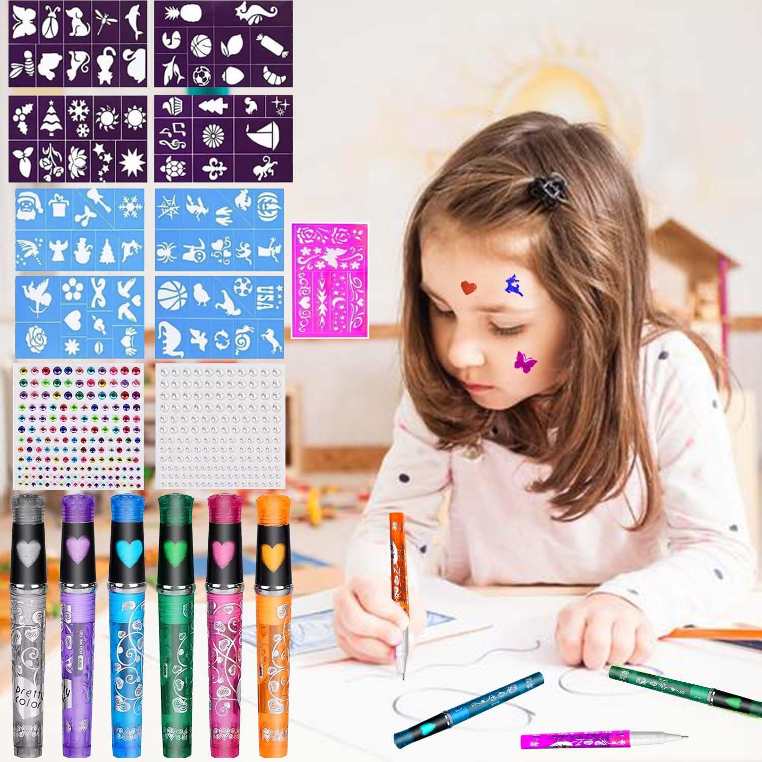 Kit De Tatuajes Temporales Para Niños Con 10 Rotuladores Lavables Y 56 Plantillas - Maquillaje Brillante Para Fiestas, Cumpleaños Y Halloween