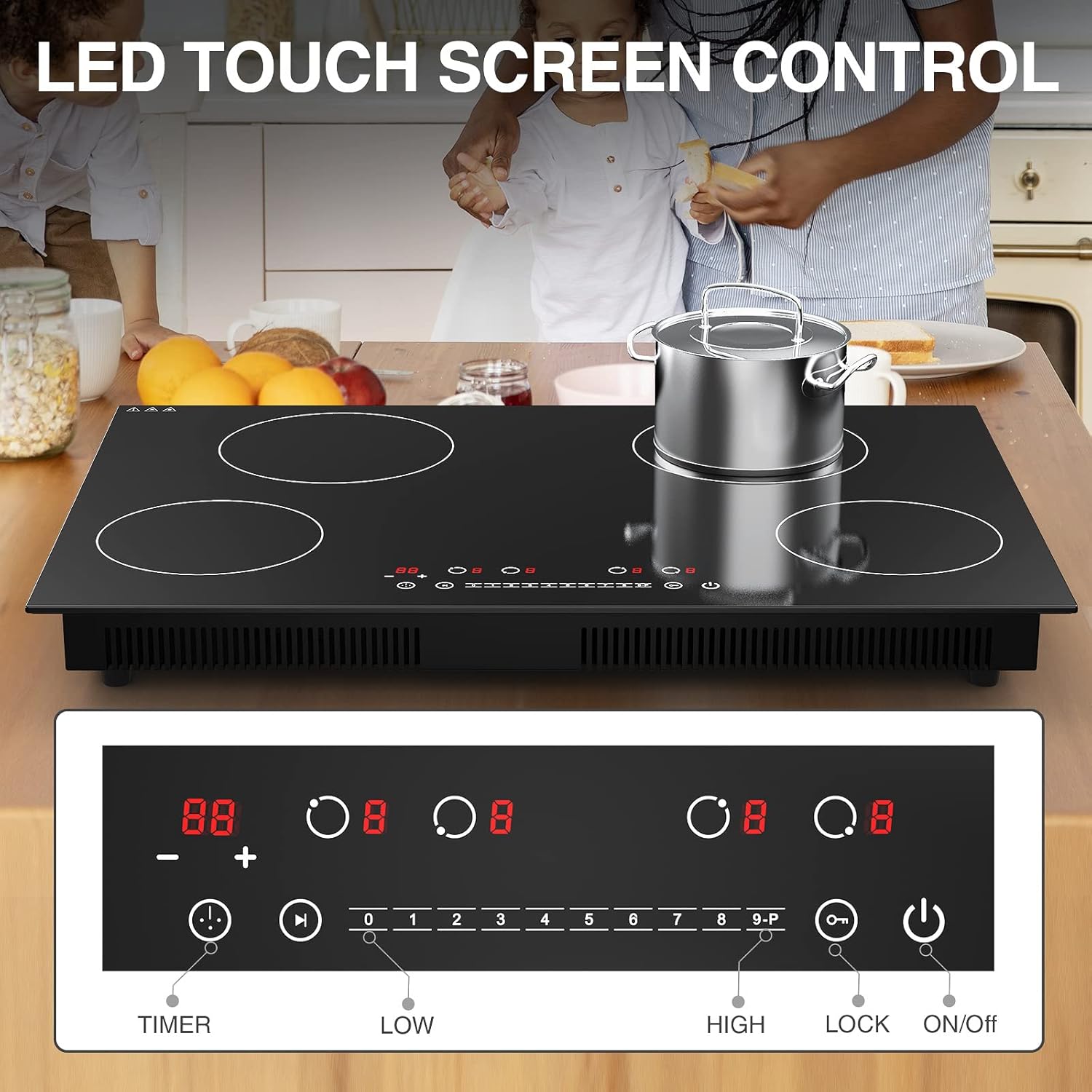 Close-up of the LED touch screen control panel on the GTKZW Induction Cooktop