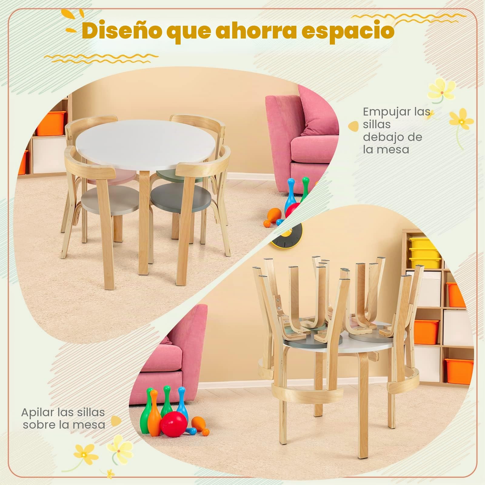 RELAX4LIFE Juego de muebles de 5 piezas, mesa de actividades y 4 sillas infantiles de madera para escuela, sala de juegos y dormitorio, +4 años
