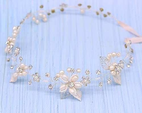 Diadema de cristal nupcial con perlas de agua dulce, diseño de flores, accesorios para el cabello de boda (plata)