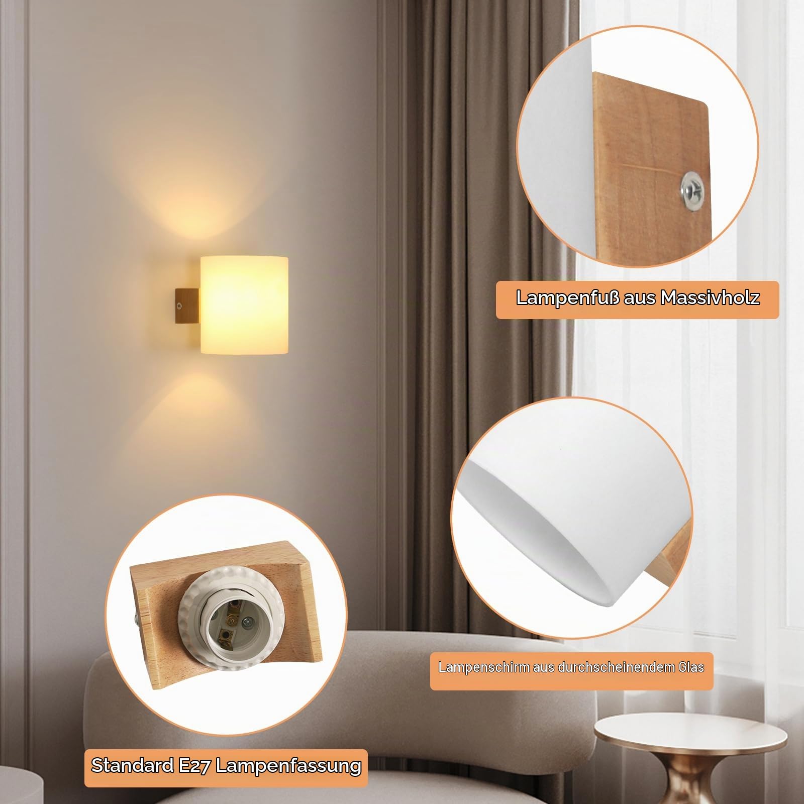 Comely Wandleuchte Innen Holz, 2 StücK E27 Wandlampe mit Glas Lampenschirm