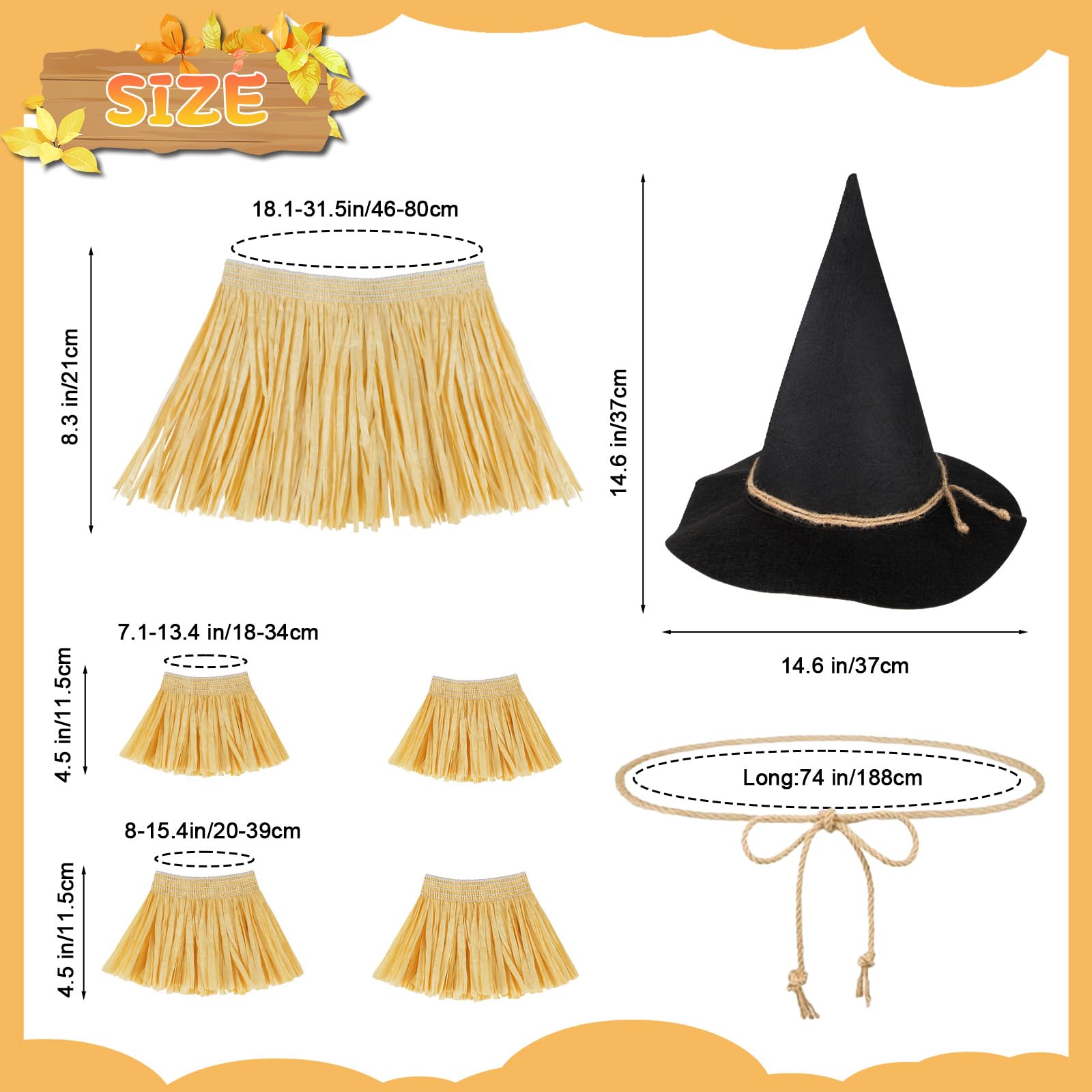 Spinosaurus 7pcs Scarecrow Costume Accessories for Adults,Kids,Scarecrow Hat,Straw Skirt,Straw cape for Halloween Dress Up - Image 2