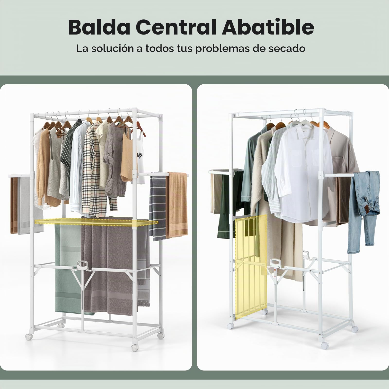 GIANTEX Tendedero Vertical Plegable con Ruedas, Barras para Colgar, 2 Alas Abatibles y Estante Extraíble, Tendedero Portátil para Interior y Exterior, 94 x 49 x 174 cm, Blanco