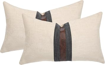 Set of 2 Leather Throw Pillow Covers Lumbar Cotton Linen Decor Patchwork Pillow Cover Faux Leather Pillows Cover for Couch Sofa Living Room Bedroom,Beige 12"x20"