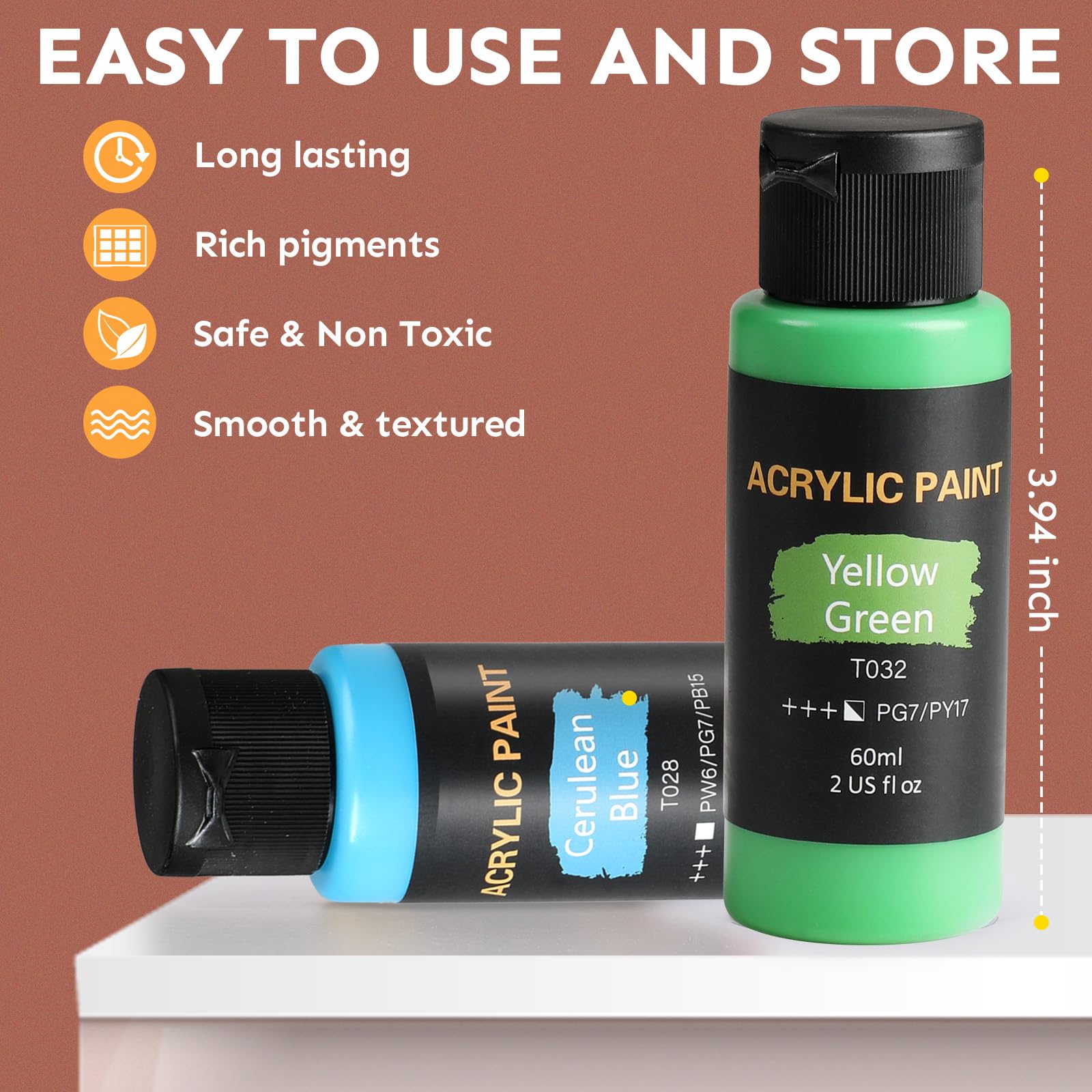 Acrylic Paint Set 24 Colors(2oz /60ml) with 12 Brushes,Rich Pigmented, Premium Acrylic Paints for Canvas Wood Glass Rock Leather Painting, Art Craft Paint Supplies