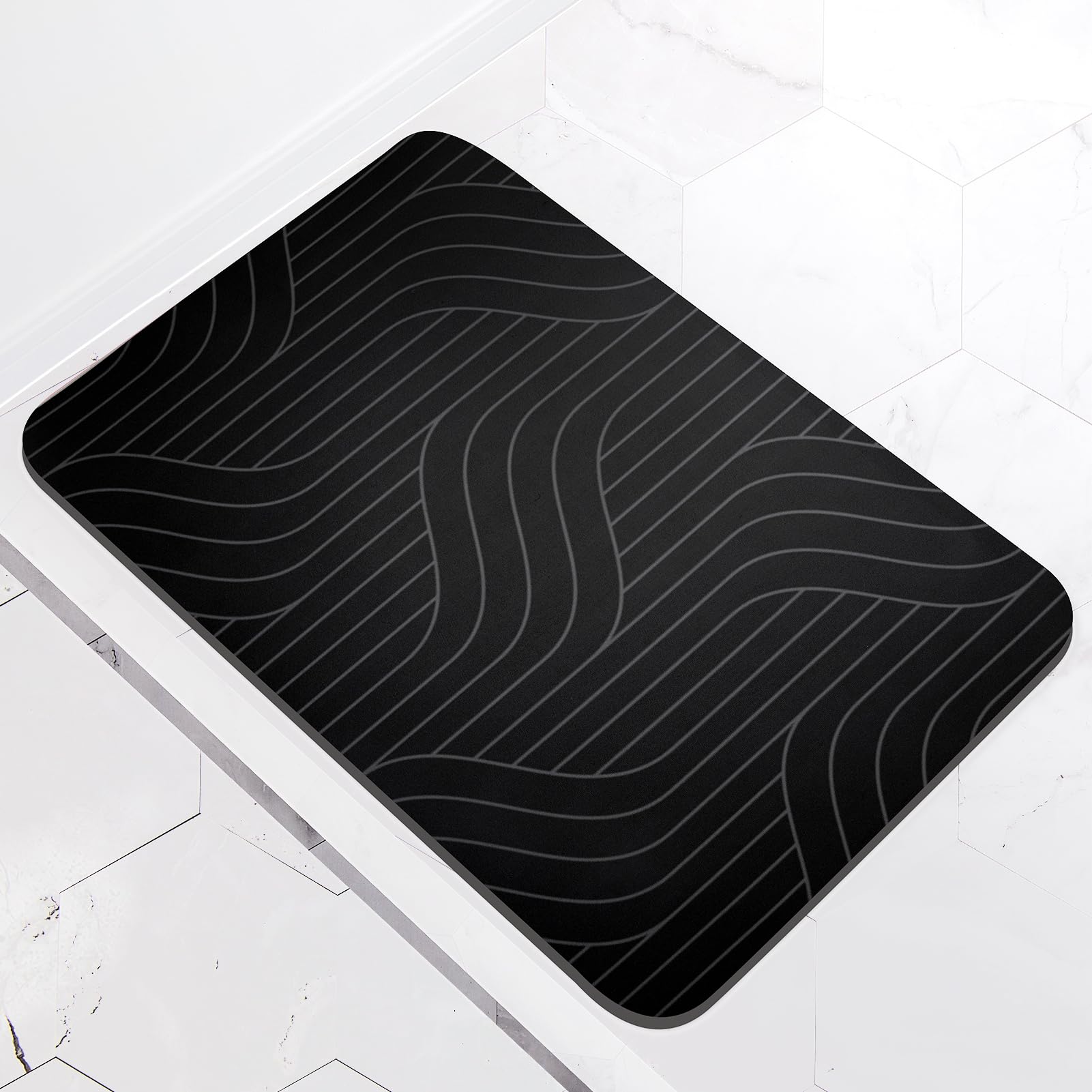 Bathroom Bath Mat Rug, Diatomaceous Earth Water Absorbent Rubber Backed Non-Slip Bathroom Floor Mat Carpet Square Cool Thin Washable Quick Dry For Shower Tub Bathtub Sink Indoor Door (Black 50 x 80cm)