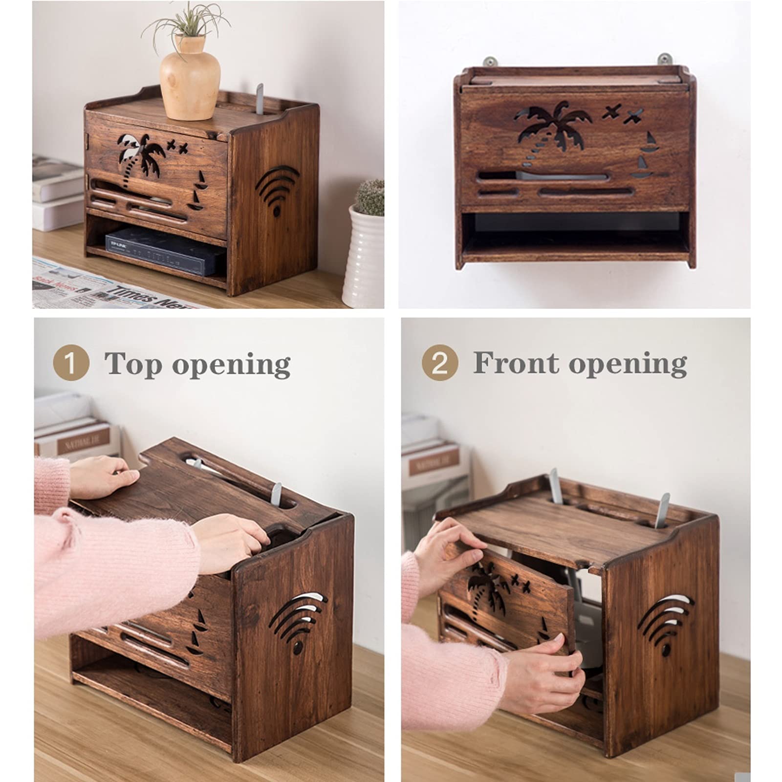 Boîte de rangement en bois à double couche Boîte de rangement de câble Organiseur Bureau de bureau Tidy Power Bande anti-poussière Boîte de rangement de routeur en bois, Ouverture supérieure / avant