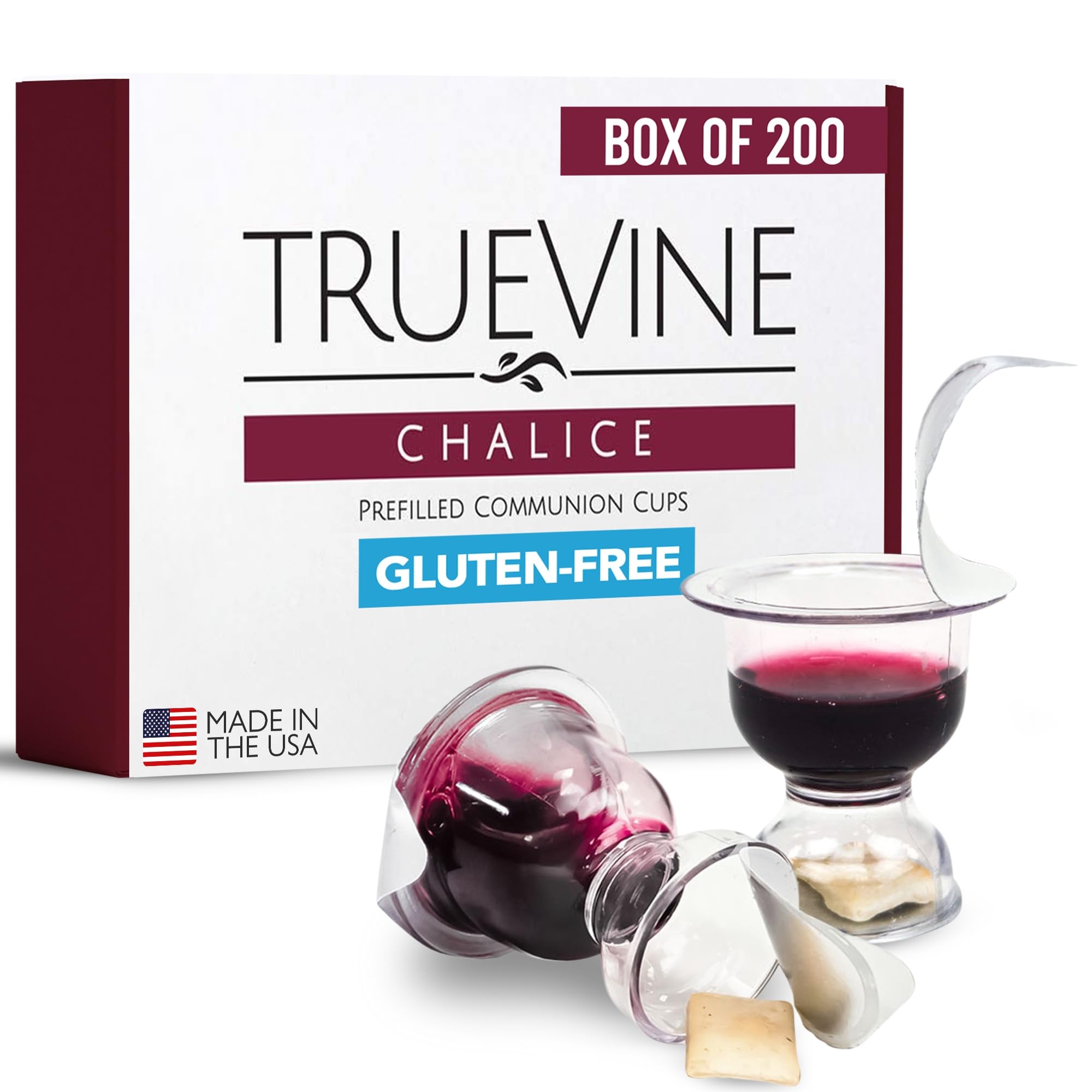 TrueVine Chalice Communion Cups and Wafer Set - Prefilled Cups with Gluten Free Unleavened Bread & Grape Juice - Carefully Packaged & Easy to Open, Ideal First Communion (200 Count)