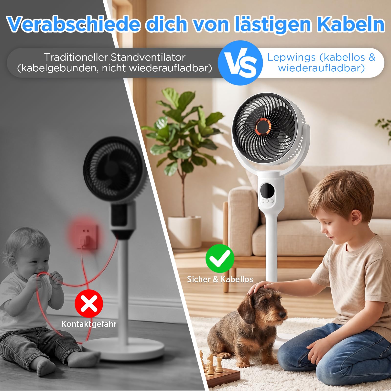 Lepwings Standventilator Leise mit Fernbedienung, 2-in-1 Akkuventilator 10400 mAh, USB-C wiederaufladbar, 90° Oszillation & 120° Neigung, Tisch- und Standventilator für Schlafzimmer, Büro & Camping