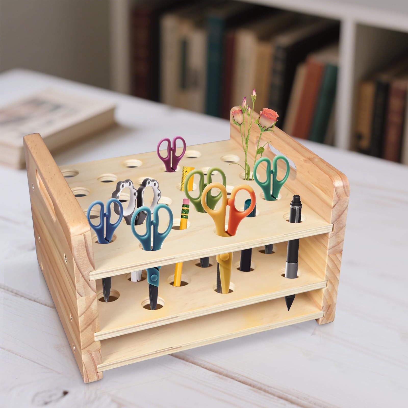 Supporto per forbici in legno, 24 fori, in legno naturale, organizer per sopracciglia, penne, pennelli da trucco, organizer da scrivania per aule, ufficio, barbiere, casa