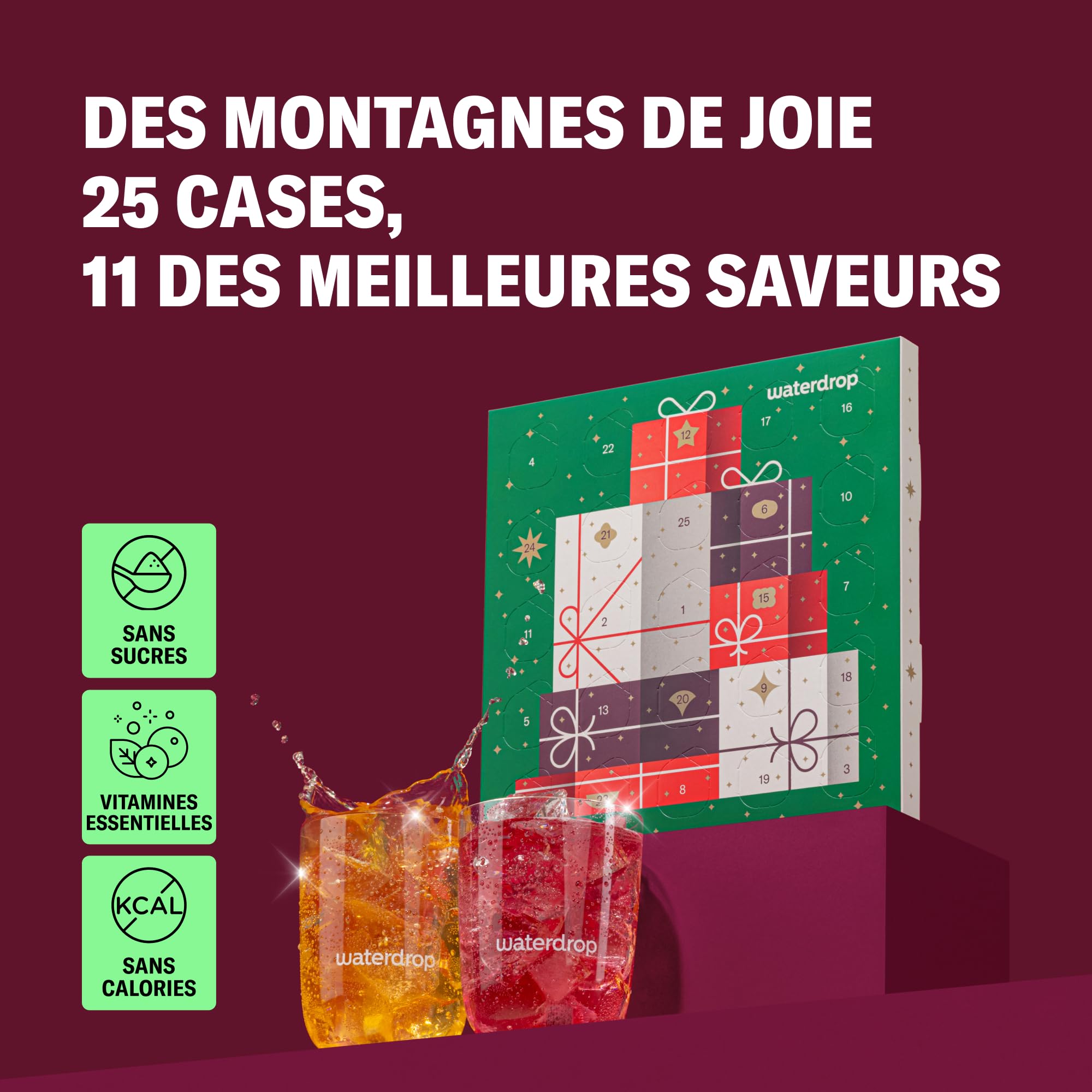 waterdrop® Calendrier de l'Avent 2025 - Édition Limitée - 25 Jours de Pastilles de Boissons Sans Sucre, Cadeau de Noël pour Femme et Homme, Coffret Surprise Quotidienne aux Multiples Saveurs