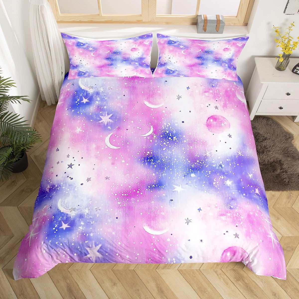 2 Pieces Star Moon Duvet Cover 100% Nature Cotton Toddler Size for Teens Youth,Tie Dye Sky Watercolor Galaxy Comforter Cover,Cartoon Night Abstract Gradient Print Super Soft Bedding (Not Comforter)