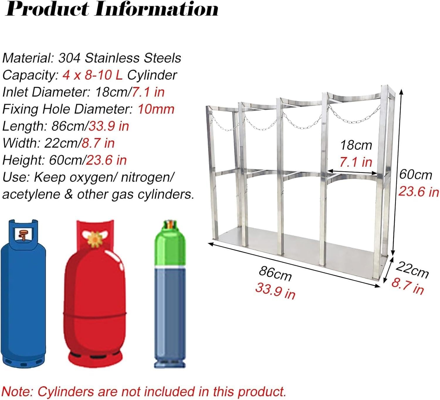 Estante para cilindros de oxígeno de 4 L, estante de almacenamiento de cilindros de gas, estante fijo de acero inoxidable resistente para cilindros de gas y estante fijo para cilindros de gas clínico