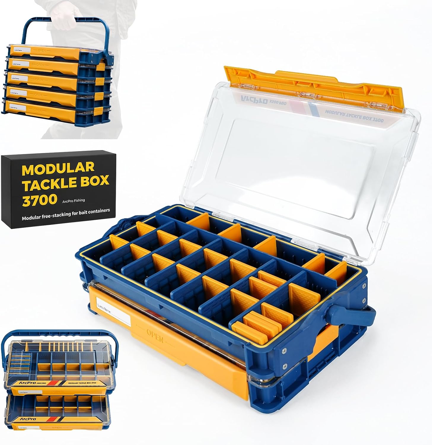 3700 Stackable Fishing Tackle Box, 2 Pcs Floating Waterproof Tackle Trays One-Hand Open Bait Storage Case with Customizable Removable Dividers Freshwater and Saltwater Fishing Gear