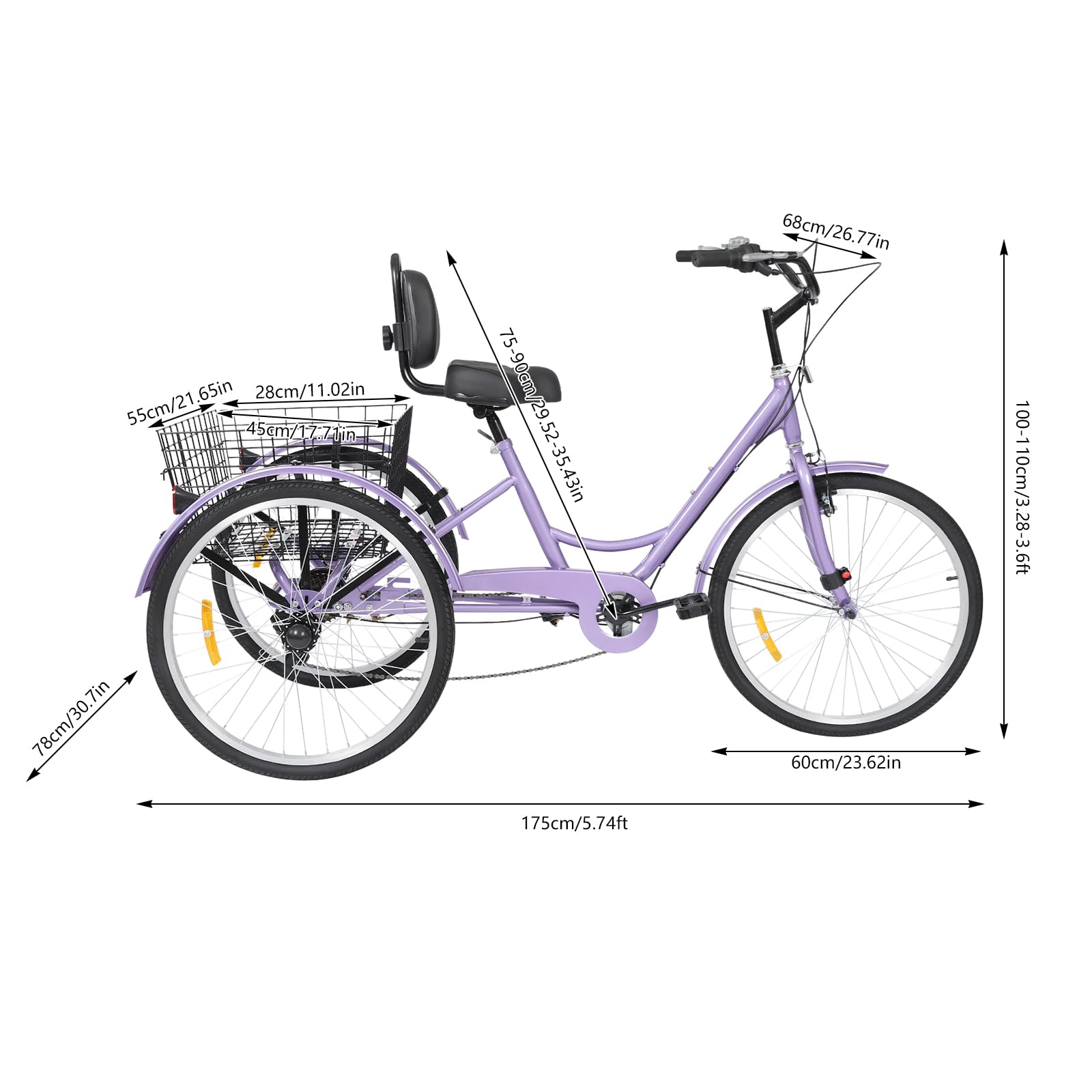 Triciclo de 7 velocidades para adultos,Triciclo adulto,Triciclo de 24 pulgadas,Asiento ajustable,7 velocidades Ricycle con respaldo y cesta de compras y cerradura,Freno delantero en V, freno de